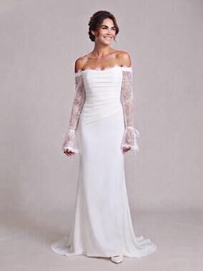 NEW XS Off Shoulder Long Sleeve Wedding Dress Sequined Lace Bell Cuff